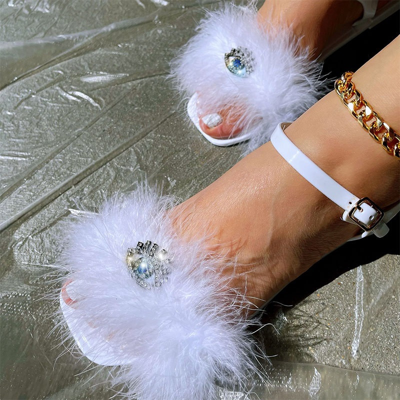 MCCKLE Sandale de damă cu vârf pătrat, cu blană, pantofi plate pentru femei, 2022, la modă de vară, cu cureaua, sandale pentru femei, sandale pentru femei