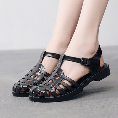 Sieviešu sandales Vasaras dobas sieviešu želejveida kurpes PVC mīkstas zempapēžu kurpes Sieviešu sandales Causal komforta sprādzes siksna Sieviešu apavi