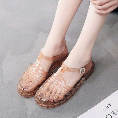 Sieviešu sandales Vasaras dobas sieviešu želejveida kurpes PVC mīkstas zempapēžu kurpes Sieviešu sandales Causal komforta sprādzes siksna Sieviešu apavi