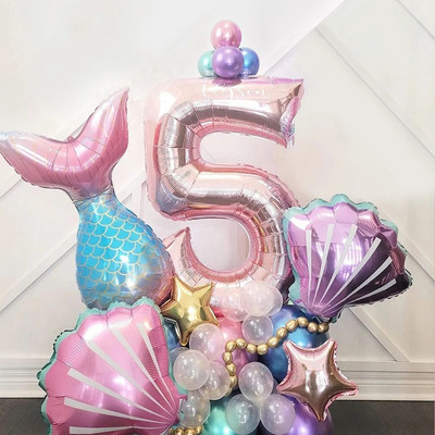 33 bucăți/set Baloane cu numere pentru petrecere de sirenă, aur roz, 0-9, baloane din folie cu numere pentru copii, decorațiuni pentru petrecerea de aniversare cu tema sirenei