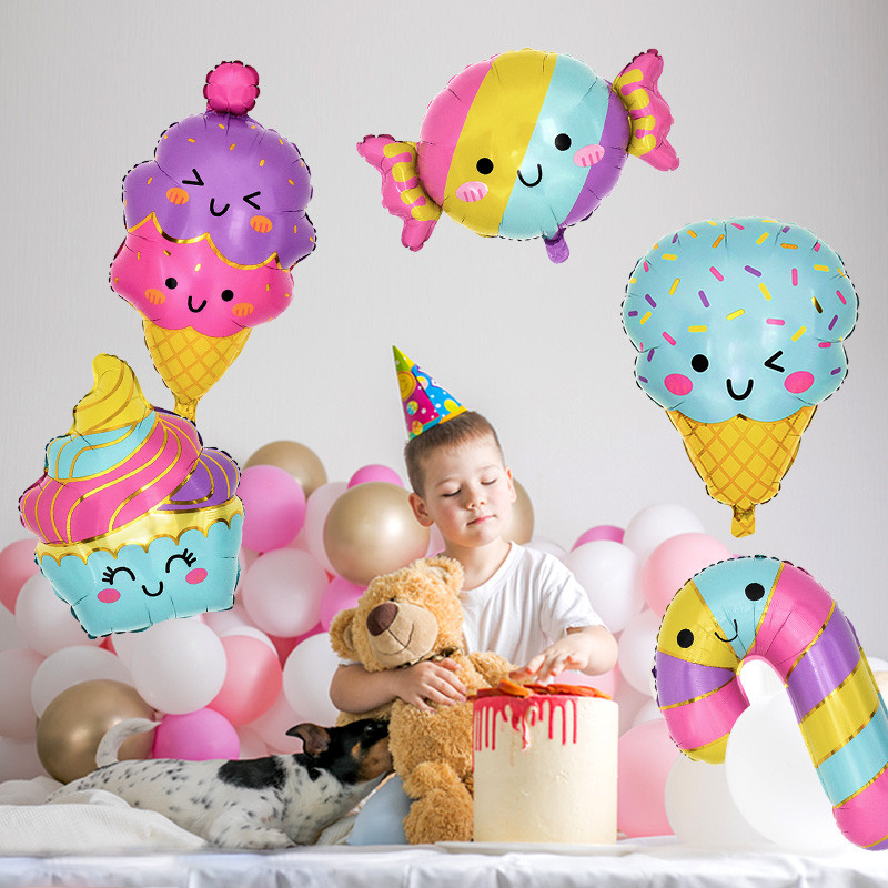 5/1 gab. Saldējums konfekšu kūka deserts multfilma folija baloni meiteņu vasaras dzimšanas dienas ballīte konfekšu bāra rotājumi bērniem rotaļlietas kāzas
