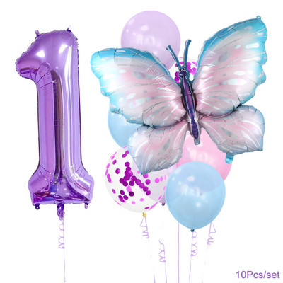 Set de baloane cu număr de 10 buc din folie de fluture pentru copii, fată, tema primului fluture, pentru decorațiuni pentru petrecerea de naștere, aprovizionare pentru baby shower, globuri cu heliu