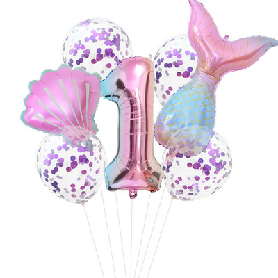 7 vnt./komplektas Mažosios undinėlės vakarėlio balionai 32 colių numerio folijos balionai, skirti vaikų gimtadienio vakarėliui dekoruoti kūdikių dušą helio oro gaubtai