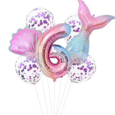 7 vnt./komplektas Mažosios undinėlės vakarėlio balionai 32 colių numerio folijos balionai, skirti vaikų gimtadienio vakarėliui dekoruoti kūdikių dušą helio oro gaubtai