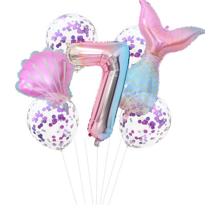 7 vnt./komplektas Mažosios undinėlės vakarėlio balionai 32 colių numerio folijos balionai, skirti vaikų gimtadienio vakarėliui dekoruoti kūdikių dušą helio oro gaubtai