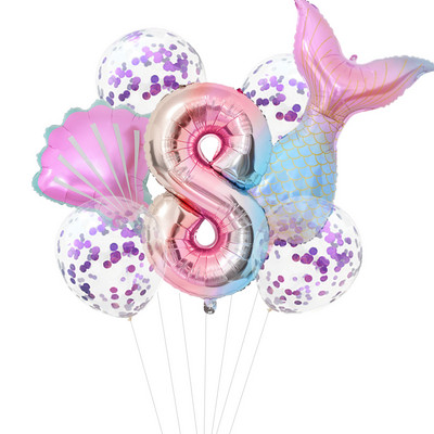 7 vnt./komplektas Mažosios undinėlės vakarėlio balionai 32 colių numerio folijos balionai, skirti vaikų gimtadienio vakarėliui dekoruoti kūdikių dušą helio oro gaubtai