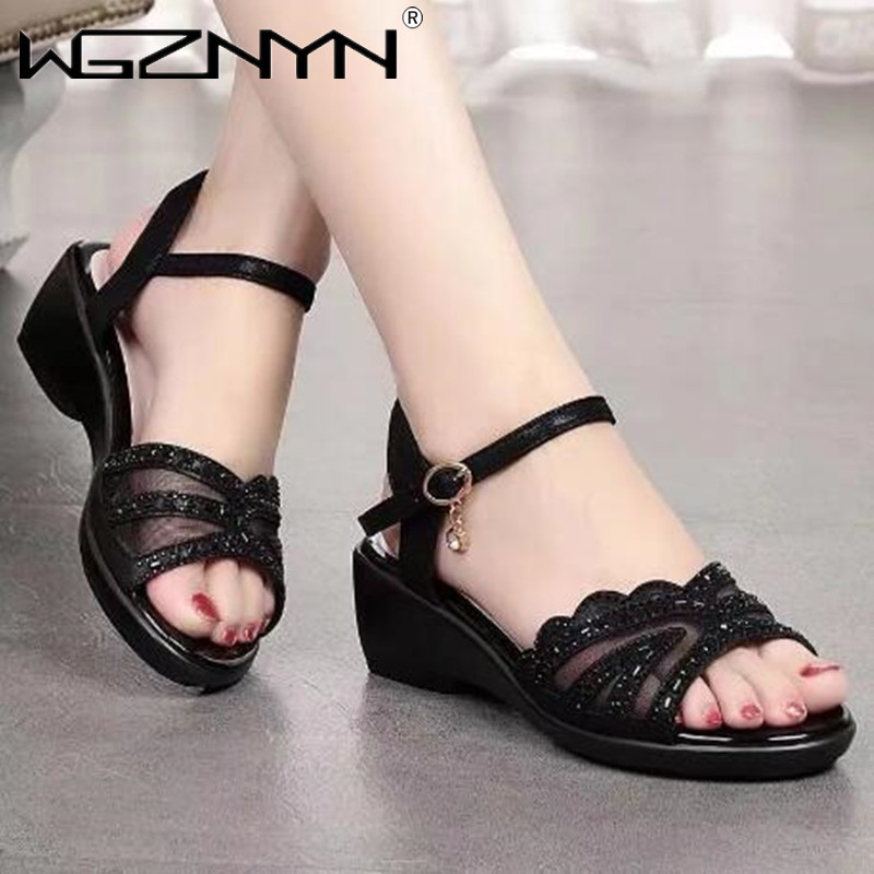 Sandale cu toc cu gura de pește cu strass pentru femei de vară 2022, sandale cu toc înalt, confortabile, respirabile, din fire de plasă