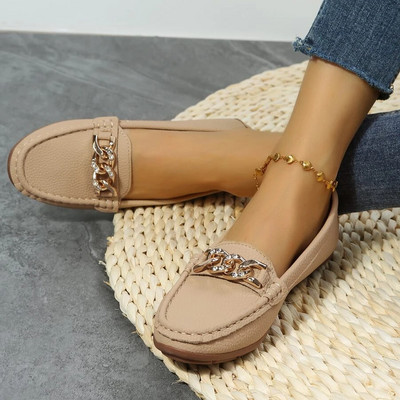 Σχέδιο αλυσίδας μόδας Flat Loafers Leisure Γυναικεία παπούτσια Wear Out PU Δερμάτινα παπούτσια Classic Shallow Mouth Shoes 2023 Νέο
