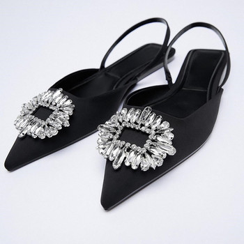 ZA 2023 Нови дамски обувки с остър връх Плитки голи розови диамантени обувки с нисък ток Обувки с каишки отзад Дамски дамски обувки 2022