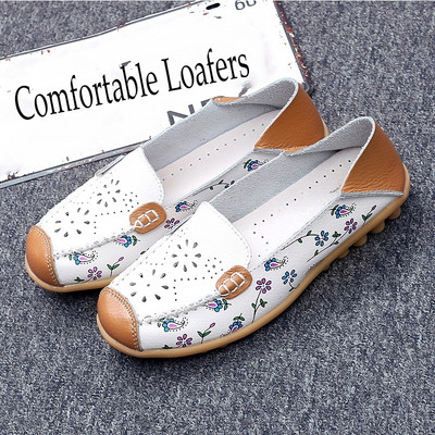 Μπαλέτο Summer Flower Print Γυναικεία δερμάτινα παπούτσια Woman Flat Flexible Nurse Peas Loafers