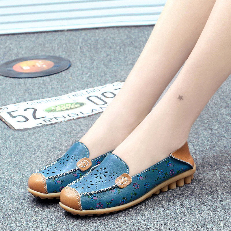 Μπαλέτο Summer Flower Print Γυναικεία δερμάτινα παπούτσια Woman Flat Flexible Nurse Peas Loafers
