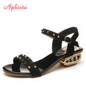 Aphixta Plus Size 43 New Summer Rivets Strap Strap Suede Σανδάλια Γυναικεία Παπούτσια 3cm Χρυσό τετράγωνο τακούνι Cavity Απλές διαφάνειες