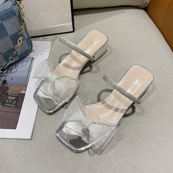 Едноредова катарама с кръгла глава Дамски секси квадратни сандали с висок ток Модни парти обувки с лък Дамски летни сватбени обувки Булка