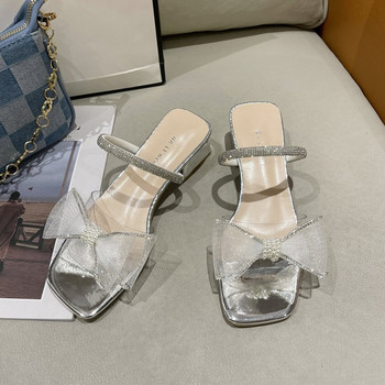 Едноредова катарама с кръгла глава Дамски секси квадратни сандали с висок ток Модни парти обувки с лък Дамски летни сватбени обувки Булка