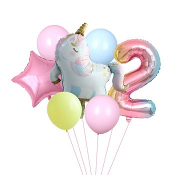 7 τεμ. Sleeping Unicorn Balloons Rainbow Gradient 32 ιντσών Αριθμός 1 2 3 4 5ο πάρτι γενεθλίων για αγόρι και κορίτσι Baby shower Globos