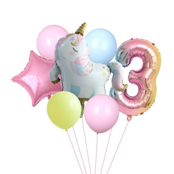 7 τεμ. Sleeping Unicorn Balloons Rainbow Gradient 32 ιντσών Αριθμός 1 2 3 4 5ο πάρτι γενεθλίων για αγόρι και κορίτσι Baby shower Globos