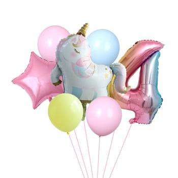 7 τεμ. Sleeping Unicorn Balloons Rainbow Gradient 32 ιντσών Αριθμός 1 2 3 4 5ο πάρτι γενεθλίων για αγόρι και κορίτσι Baby shower Globos