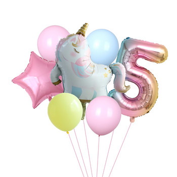 7 τεμ. Sleeping Unicorn Balloons Rainbow Gradient 32 ιντσών Αριθμός 1 2 3 4 5ο πάρτι γενεθλίων για αγόρι και κορίτσι Baby shower Globos