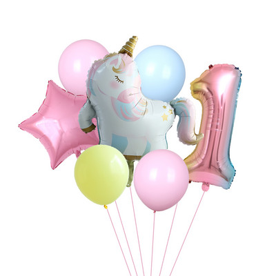 7gab. Sleeping Unicorn Baloni Rainbow Gradient 32 collas Numurs 1 2 3 4 5. Zēna un meitenes dzimšanas dienas ballīte Baby Shower Decor Globos