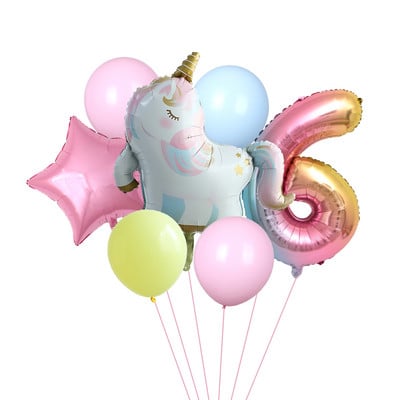 7gab. Sleeping Unicorn Baloni Rainbow Gradient 32 collas Numurs 1 2 3 4 5. Zēna un meitenes dzimšanas dienas ballīte Baby Shower Decor Globos