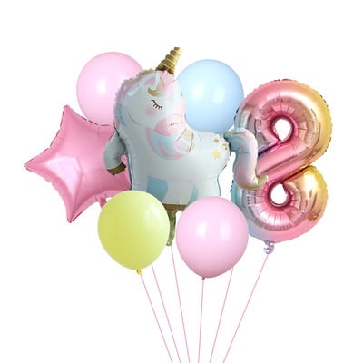 7gab. Sleeping Unicorn Baloni Rainbow Gradient 32 collas Numurs 1 2 3 4 5. Zēna un meitenes dzimšanas dienas ballīte Baby Shower Decor Globos