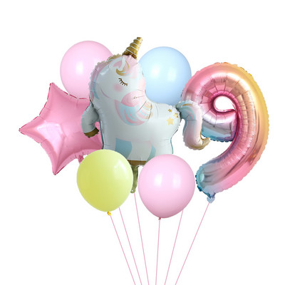 7gab. Sleeping Unicorn Baloni Rainbow Gradient 32 collas Numurs 1 2 3 4 5. Zēna un meitenes dzimšanas dienas ballīte Baby Shower Decor Globos