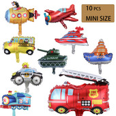 10 бр. Карикатура Автомобил Алуминиево фолио Балони Влак Пожарна кола Танк Подводница Моторна лодка Балон Парти за рожден ден Декорация за бебешки душ