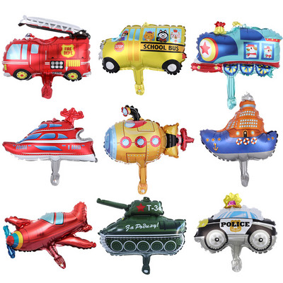 10 бр. Карикатура Автомобил Алуминиево фолио Балони Влак Пожарна кола Танк Подводница Моторна лодка Балон Парти за рожден ден Декорация за бебешки душ