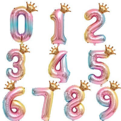 32-инчови балони с розова градиентна корона 0-9 числа Детски рожден ден Балони за сватбено парти Декорация Балони за бебешки душ Консумативи Играчка Топки