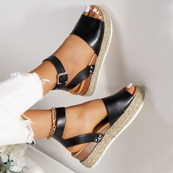 Дамски сандали на танкетка с декор с катарама и каишка за глезена Ежедневни сандали с отворени пръсти Римски сандали на платформа Дамски сандал Zapatos De Mujer