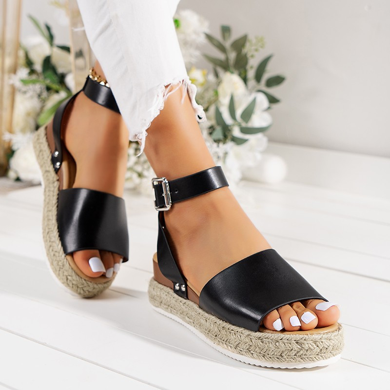 Decor cu cataramă Sandale cu pană cu curele la gleznă pentru femei Sandale casual cu vârf deschis Sandale cu platformă romană Sandale pentru femei Zapatos De Mujer