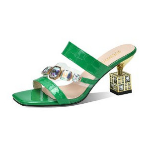2023 m. Moteriški vasariniai aukštakulniai batai su krištoliniu atviru pirštu, kvadratiniu kulnu, blokiniu kulnu, sagtimi, madinga juostele, žalios spalvos, 34–40 dydžio sandalai