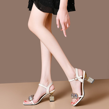 2023 Дамски летни обувки на висок ток Кристални отворени пръсти Квадратна пета Блок ток Тока Катарама Модни сандали с каишка Зелен размер 34-40