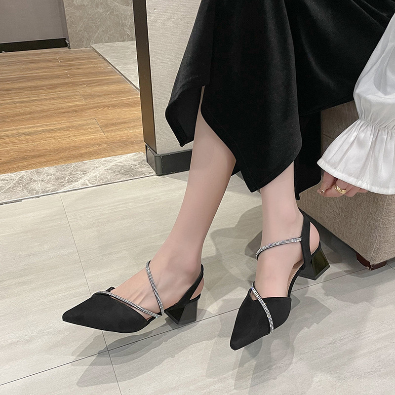 Blokksarkú strassz szandál Öszvér Cipő Női Fekete Sárga Nyári Szandál Divatos Női Sarkú Bőr Szandál Női