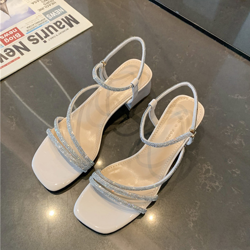 Pantofi cu toc mijlociu de cristal Sandale pentru femei 2023 Noua petrecere de vară Pantofi grosi Pantofi de modă pantofi papuci sexy Rochie șlapi de damă