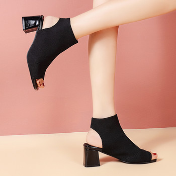 2022 Нови летни дамски сандали Дамски обувки с приплъзване на риба в устата Модни Еластични повърхности Дебел ток Ежедневни обувки Сандали