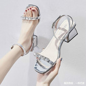 Sieviešu sandales — 2020. gada vasara, jaunas korejiešu sieviešu kvadrātveida galvas, kalnu strēlakmens sieviešu apavi pasaku stilā, bieza papēža sandales ar sprādzi sievietēm