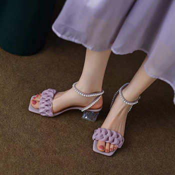 Дамски обувки 2023 Модни дамски сандали с каишка с перлена катарама Летни парти сандали Дамски прозрачни обувки с квадратен ток Дамски