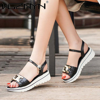 Дамски летни сандали на платформа 2023 г. Обувки със стрази Дамски сбити сандали от гингам в смесен цвят Mujer Heel Високи ежедневни сандали