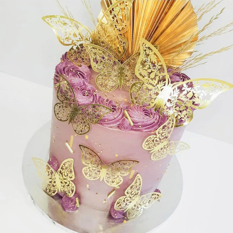 12 tk Kunstlik liblikas palju õnne sünnipäevaks tordipealne Kuldne 3D liblikad koogipealsed pulmapeo küpsetamiseks magustoidu kaunistamiseks