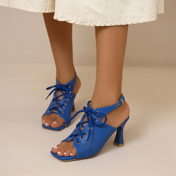 Нови летни дамски сандали с високи токчета Стилет с квадратни пръсти Секси дамски сандали с помпи с кръстосани каишки 2023 Парти обувки 44