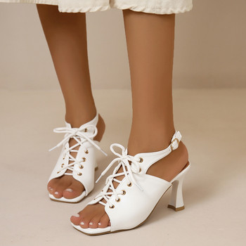 Нови летни дамски сандали с високи токчета Стилет с квадратни пръсти Секси дамски сандали с помпи с кръстосани каишки 2023 Парти обувки 44
