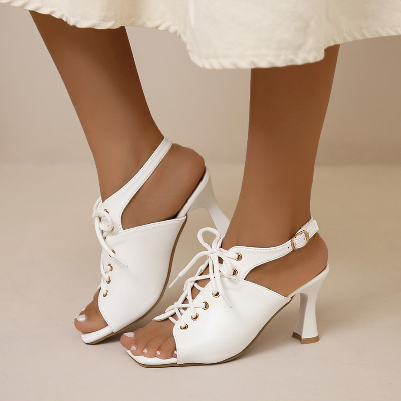 Vasaras jaunas sieviešu sandales Zivju mutes stiletto augstpapēžu kvadrātveida purngals Seksuālas sieviešu sandales Pumpas krustveida siksnas 2023. gada ballīšu apavi 44