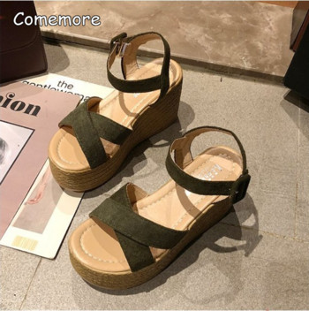 Модни дамски сандали на платформа Comemore 2023, летни ежедневни неплъзгащи се обувки с отворени пръсти на платформа с катарама Елегантни обувки на ток