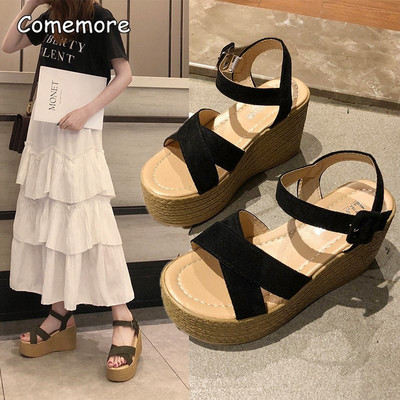 Comemore 2023. gada modes platformas ķīļveida sandales sievietēm vasaras ikdienišķas, neslīdošas Peep Toe platformas apavi ar sprādzi, eleganti papēžu kurpes