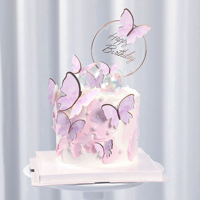 Decoratiune pentru tort Fluture Roz Violet Topper pentru tort La multi ani pictat manual pentru nunta, petrecere de aniversare, Baby Shower