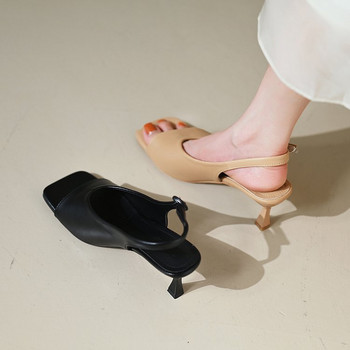 Дамски обувки с висок ток 2023 Нова лятна мода Тънки токчета Секси модни квадратни обувки с отворени пръсти Фин среден ток Едноредови токчета с катарама
