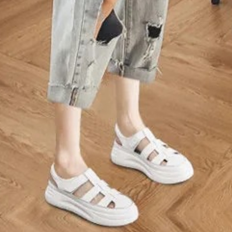 Pantofi romani Baotou New Gros Talpa Creștere înălțime Varf rotund Femei Sandale sport albe Sandálias Femininas Verao