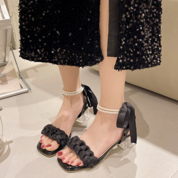 Дамски сандали, прозрачни буци, модни помпи, елегантни мрежести тъкани перли, дамски сандали с квадратни пръсти на висок ток босоножки женски