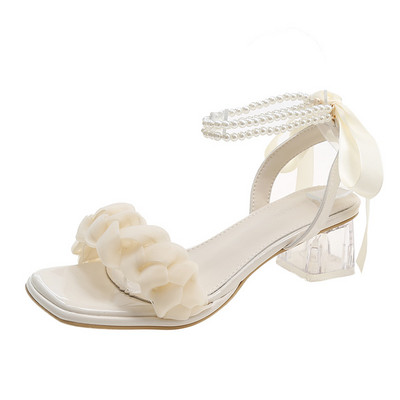Sandale de damă, transparente, groase, de modă, pompe, elegante, plasă, țesut cu perle, sandale cu toc înalt, cu vârf pătrat, босоножки женские
